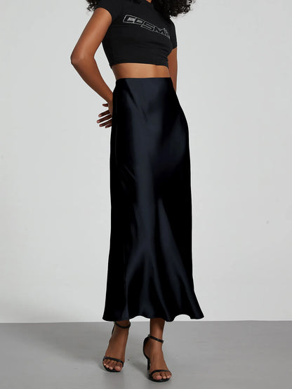Satin Midi Skirt Women's High Waist Slik Skirts Female Clothing Black Fashion White Pink Blue Gray Burgundy Coffee Office Lady