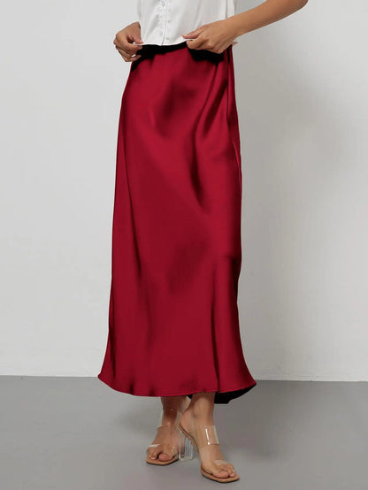 Satin Midi Skirt Women's High Waist Slik Skirts Female Clothing Black Fashion White Pink Blue Gray Burgundy Coffee Office Lady