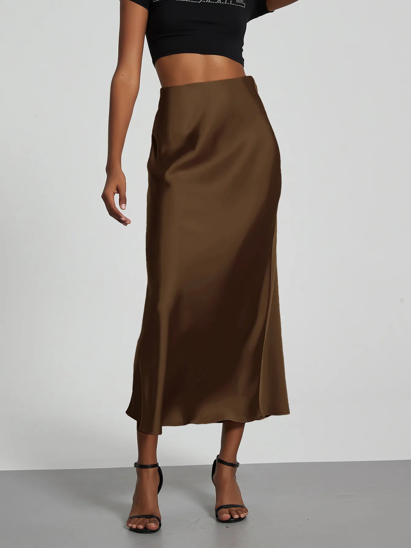Satin Midi Skirt Women's High Waist Slik Skirts Female Clothing Black Fashion White Pink Blue Gray Burgundy Coffee Office Lady