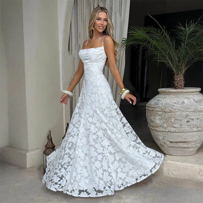 Jacquard Chiffon Long Dress Women's Backless Bandage Dresses Summer Evening Wedding Guest Green White Burgundy Pink Graduation