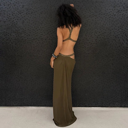Sexy Women's Maxi Dress Halter Hollow Out Backless Sleeveless Ruched Evening Long Dresses Party Chic Robe Green Purple Summer