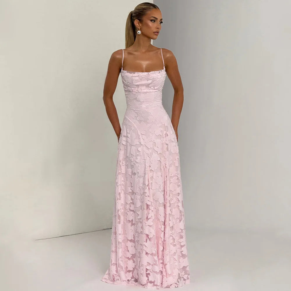 Jacquard Chiffon Long Dress Women's Backless Bandage Dresses Summer Evening Wedding Guest Green White Burgundy Pink Graduation
