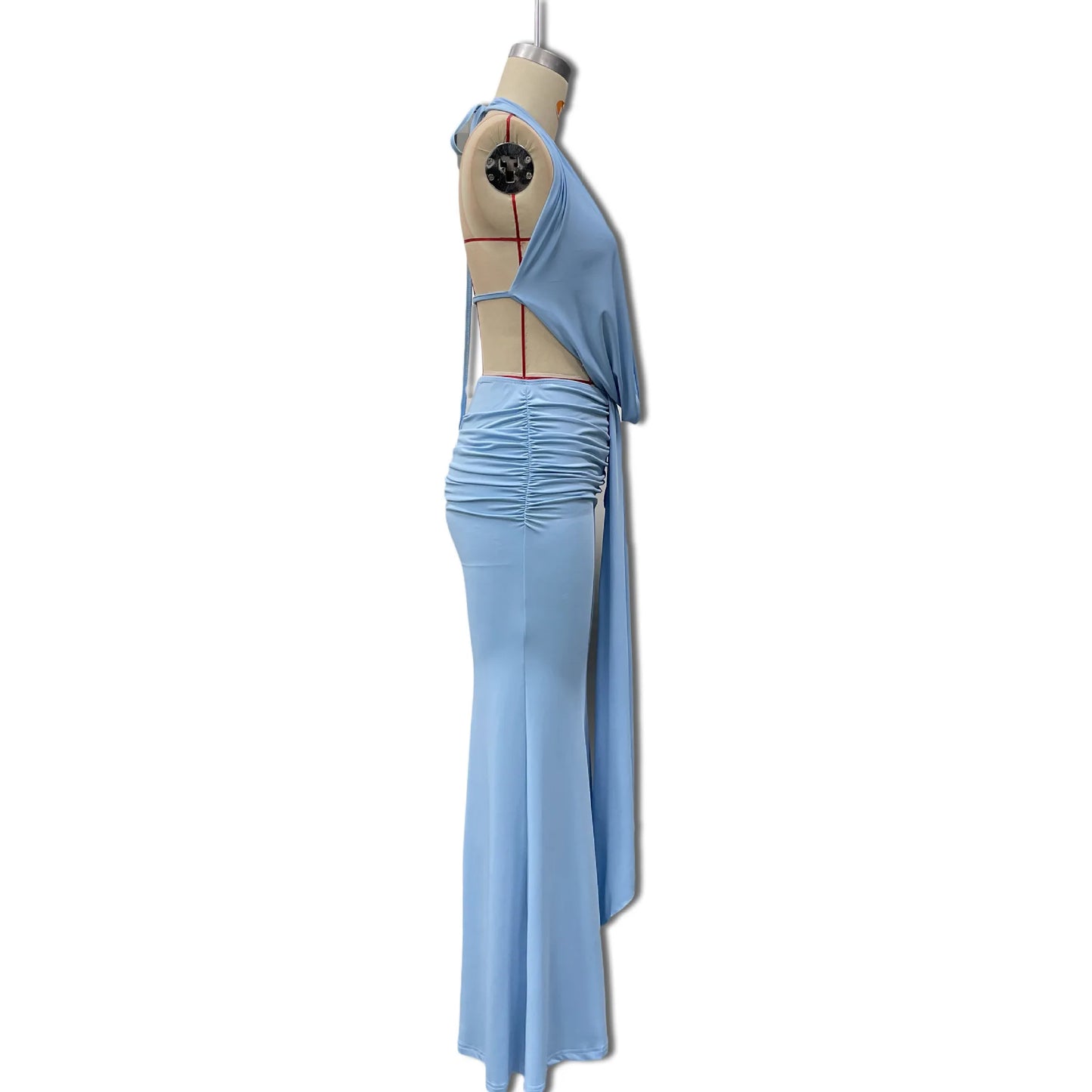 Sexy Blue Beach Sets Women's Halter V Neck Backless Crop Top Draped Long Skirt New Suit Summer Beachwear Holiday Vacation Yellow