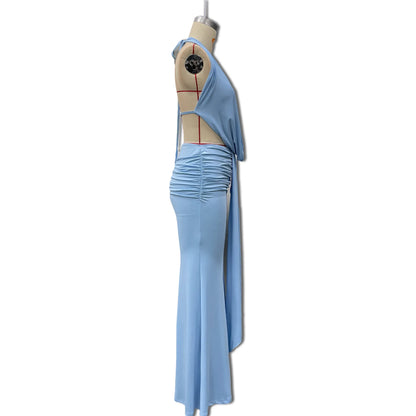 Sexy Blue Beach Sets Women's Halter V Neck Backless Crop Top Draped Long Skirt New Suit Summer Beachwear Holiday Vacation Yellow