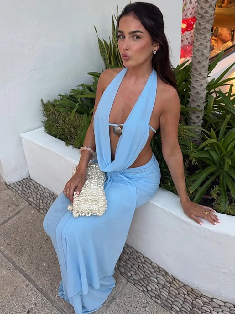 Sexy Blue Beach Sets Women's Halter V Neck Backless Crop Top Draped Long Skirt New Suit Summer Beachwear Holiday Vacation Yellow