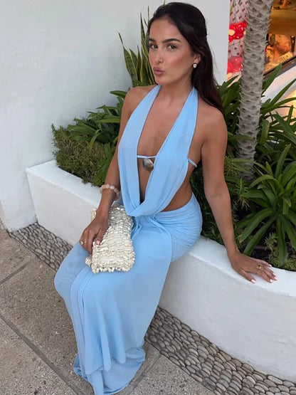 Sexy Blue Beach Sets Women's Halter V Neck Backless Crop Top Draped Long Skirt New Suit Summer Beachwear Holiday Vacation Yellow