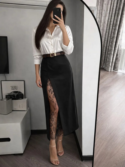 Elegant Lace Patchwork Skirt Women's High Waist Slim Split Skirts Female Clothing Fashion Summer Autumn 2026 Office Lady New In