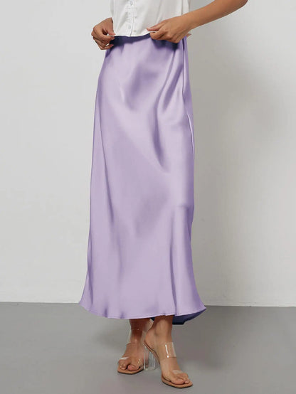 Satin Midi Skirt Women's High Waist Slik Skirts Female Clothing Black Fashion White Pink Blue Gray Burgundy Coffee Office Lady