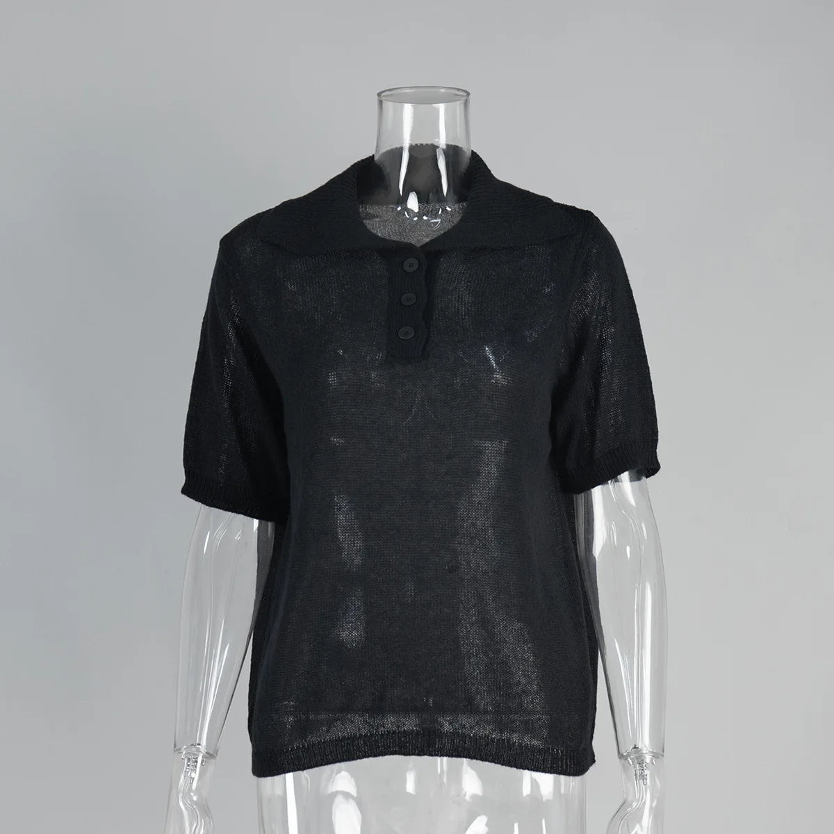 Summer Women's Polo Collar Knitted Short Sleeves Sweater Transparent T-shirt Female Simple 2025 Pink Yellow Gray Blue Red White