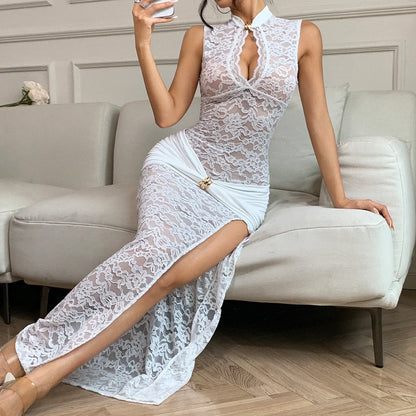 Elegant Black Lace Hollow Out Long Dress Women's Ruched High Slit Dresses Evening Party Club Wear Cocktail Summer Burgundy White