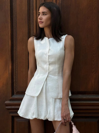 White Vest Bud Short Skirts Sets Women's Sleeveless Top Mini Skirt Matching Set Suit Summer Wear Office Lady Birthday 2026 New