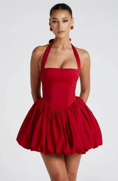 Elegant Red Backless Corset Halter Mini Dress Women Puff Hem Short Dresses Summer Evening Party Birthday Wedding Guest Cocktail