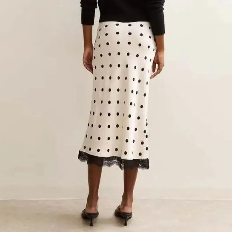 Satin Polka Dot Lace Patchwork Midi Skirt Women's High Waist Slik Skirts Female Clothing Black Fashion White Office Lady Summer
