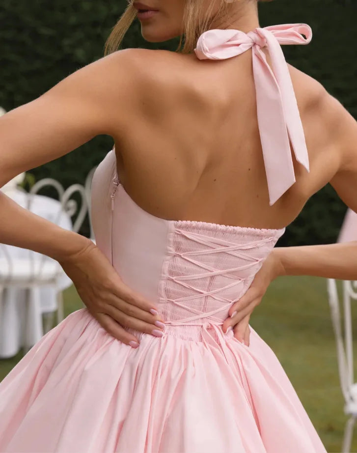 Elegant Red Backless Corset Halter Mini Dress Women Puff Hem Short Dresses Summer Evening Party Birthday Wedding Guest Cocktail
