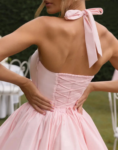 Elegant Red Backless Corset Halter Mini Dress Women Puff Hem Short Dresses Summer Evening Party Birthday Wedding Guest Cocktail