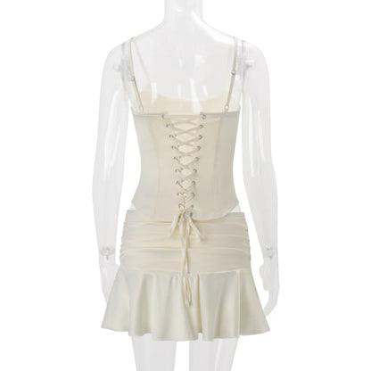 Sexy Corset Top Ruffles Super Mini Skirt Matching Sets for Women Ruched Tops Dress Outfit Summer Female Clothing Pink Apricot