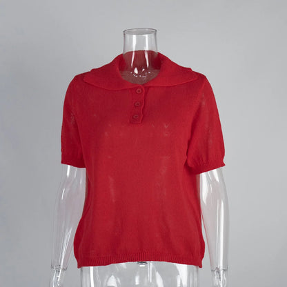 Summer Women's Polo Collar Knitted Short Sleeves Sweater Transparent T-shirt Female Simple 2025 Pink Yellow Gray Blue Red White