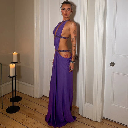 Sexy Women's Maxi Dress Halter Hollow Out Backless Sleeveless Ruched Evening Long Dresses Party Chic Robe Green Purple Summer