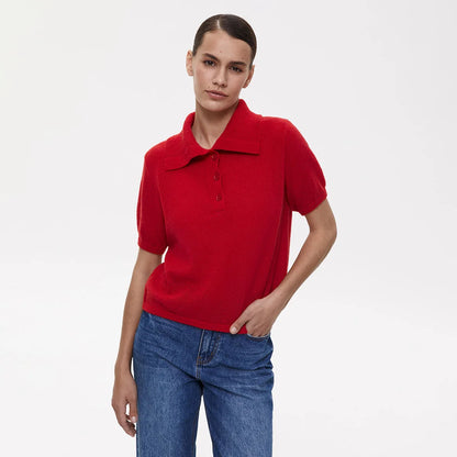 Summer Women's Polo Collar Knitted Short Sleeves Sweater Transparent T-shirt Female Simple 2025 Pink Yellow Gray Blue Red White