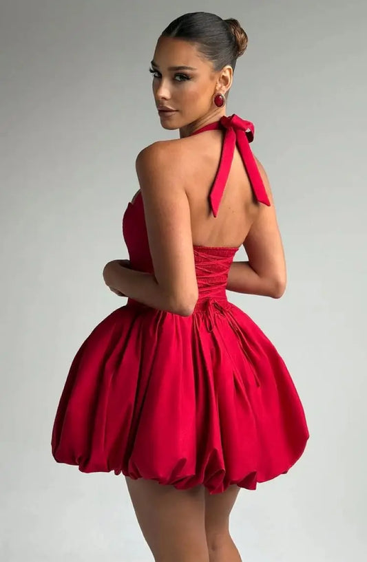 Elegant Red Backless Corset Halter Mini Dress Women Puff Hem Short Dresses Summer Evening Party Birthday Wedding Guest Cocktail