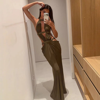 Sexy Women's Maxi Dress Halter Hollow Out Backless Sleeveless Ruched Evening Long Dresses Party Chic Robe Green Purple Summer