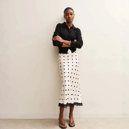 Satin Polka Dot Lace Patchwork Midi Skirt Women's High Waist Slik Skirts Female Clothing Black Fashion White Office Lady Summer