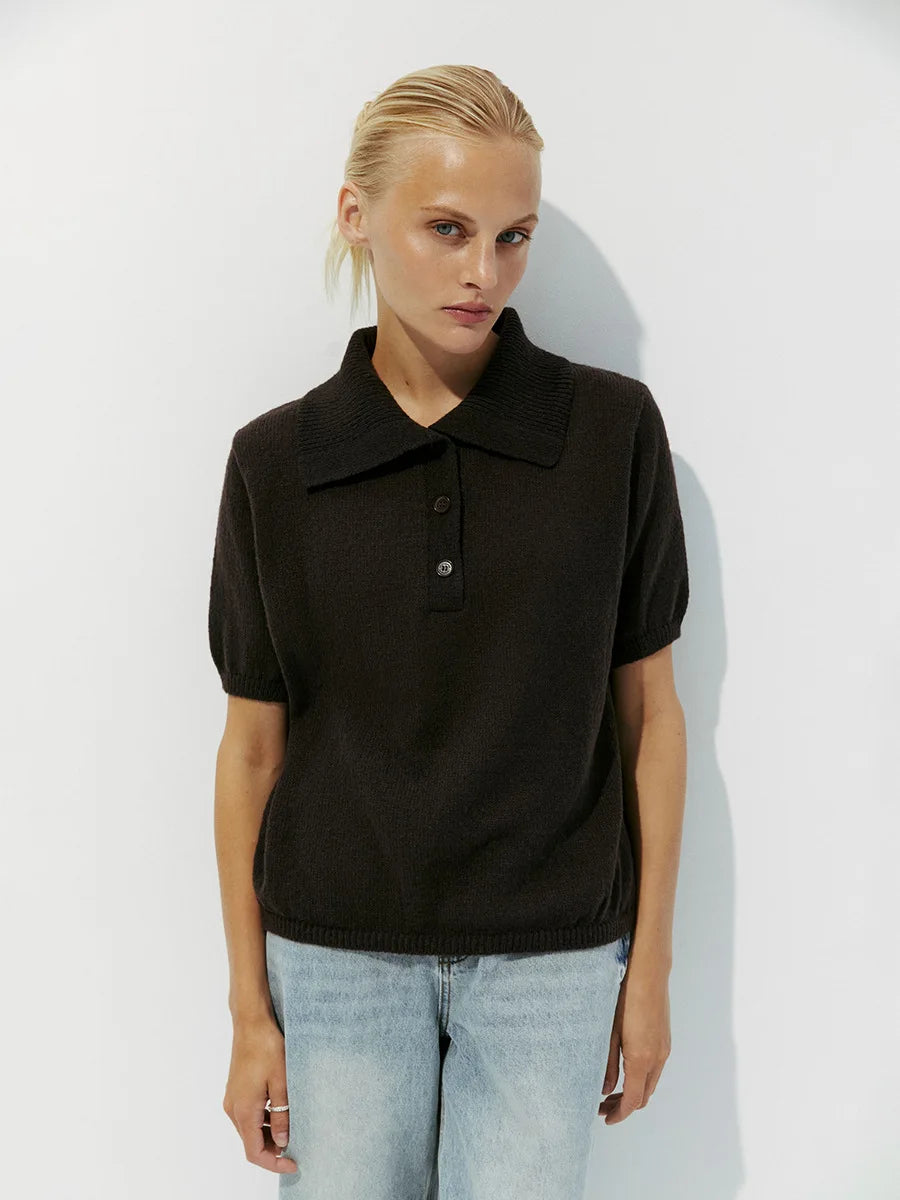 Summer Women's Polo Collar Knitted Short Sleeves Sweater Transparent T-shirt Female Simple 2025 Pink Yellow Gray Blue Red White