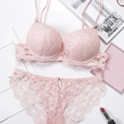 Comfortable Mesh Lace Flower Bra Low Waist Bowknot Bra Panties Set Non Slip Intimates Push Up Bra Women Summer