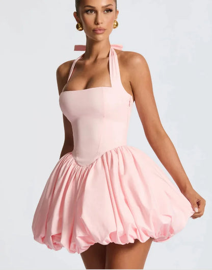 Elegant Red Backless Corset Halter Mini Dress Women Puff Hem Short Dresses Summer Evening Party Birthday Wedding Guest Cocktail