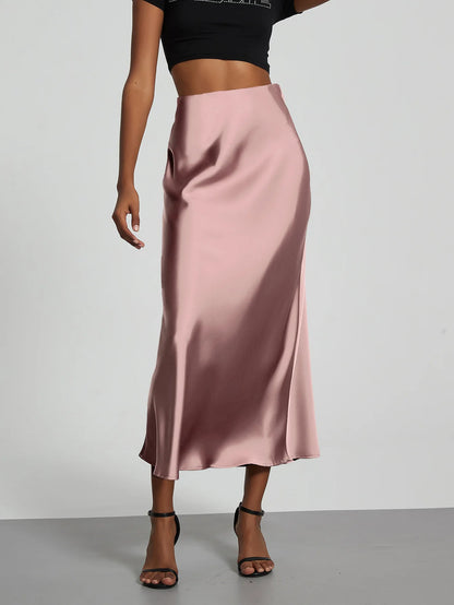Satin Midi Skirt Women's High Waist Slik Skirts Female Clothing Black Fashion White Pink Blue Gray Burgundy Coffee Office Lady
