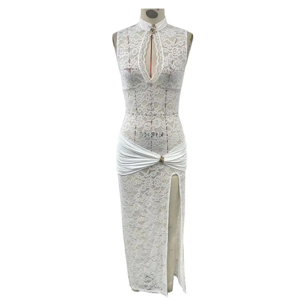 Elegant Black Lace Hollow Out Long Dress Women's Ruched High Slit Dresses Evening Party Club Wear Cocktail Summer Burgundy White
