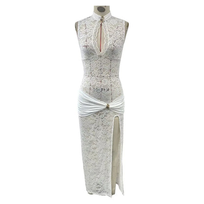 Elegant Black Lace Hollow Out Long Dress Women's Ruched High Slit Dresses Evening Party Club Wear Cocktail Summer Burgundy White