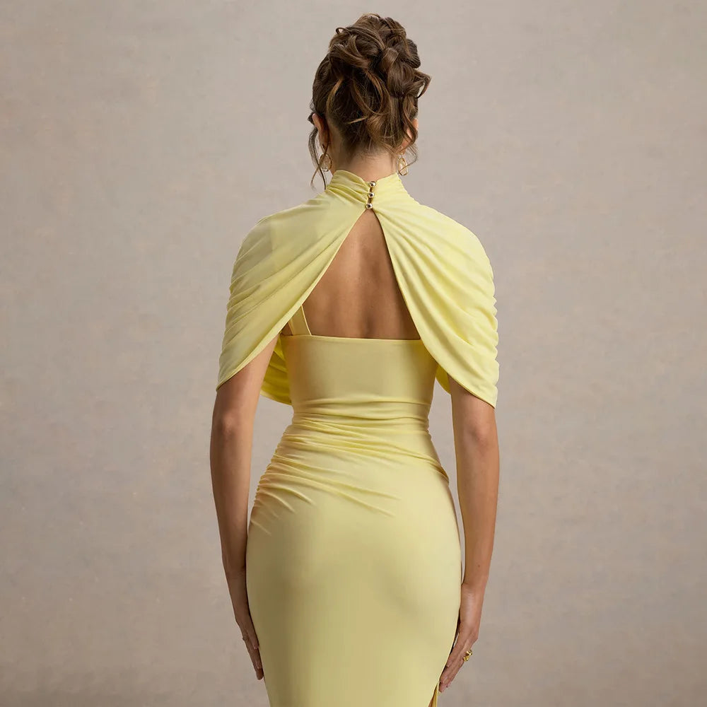 Elegant Women's Tight Curvy Midi Dress Sexy Backless Draped Bodycon Dresses Evening Party Wedding Guest Summer New Yellow White