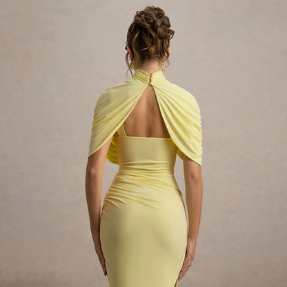 Elegant Women's Tight Curvy Midi Dress Sexy Backless Draped Bodycon Dresses Evening Party Wedding Guest Summer New Yellow White