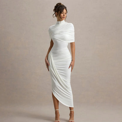 Elegant Women's Tight Curvy Midi Dress Sexy Backless Draped Bodycon Dresses Evening Party Wedding Guest Summer New Yellow White