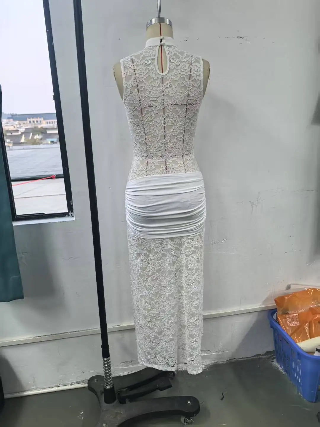 Elegant Black Lace Hollow Out Long Dress Women's Ruched High Slit Dresses Evening Party Club Wear Cocktail Summer Burgundy White