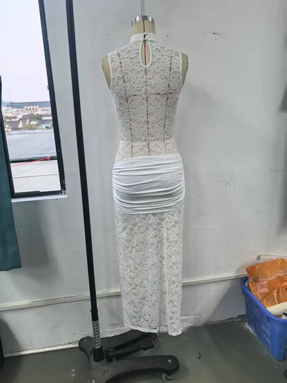 Elegant Black Lace Hollow Out Long Dress Women's Ruched High Slit Dresses Evening Party Club Wear Cocktail Summer Burgundy White