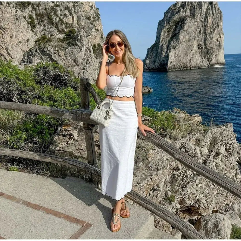 Elegant White Ruffle Beach Sets Women's Strap Backless Crop Top Long Skirt 2 Pieces Set Summer Beachwear Party Holiday Vacation