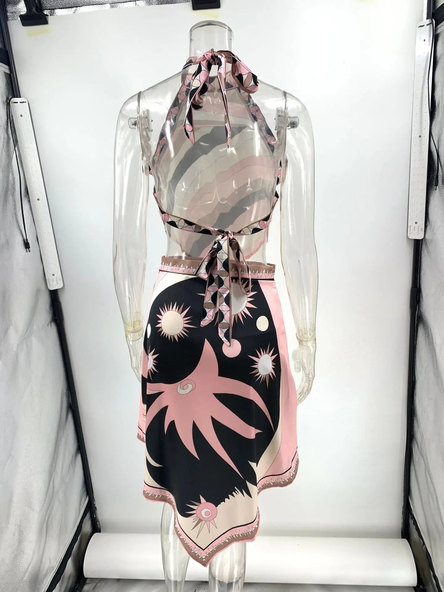 Pink Irregular Print Beach Sets Women's Halter Backless Top Short Skirt Matching Set Mini Dress Suits Summer Holiday Vacation