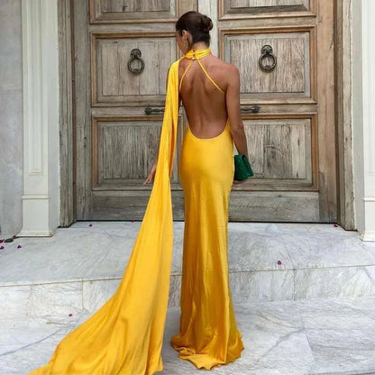 Satin Ribbon Long Dresses Women's Backless Casual Silk Dress Evening Wedding Guest Blue Green Black Yellow Red Pink Summer Prom