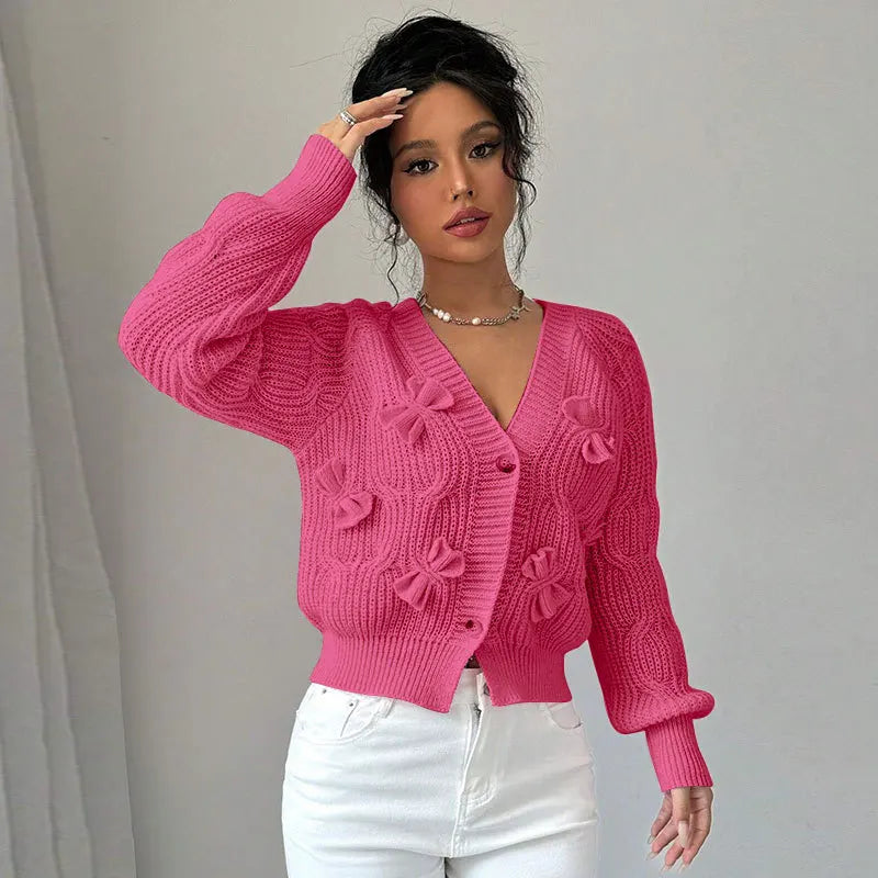 Women's Knitted Bow Cardigan Elegant Long Sleeve Tops Sweater Knitwears Top Female Clothing Fall Autumn Pink White Blue Purple