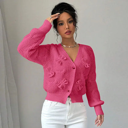 Women's Knitted Bow Cardigan Elegant Long Sleeve Tops Sweater Knitwears Top Female Clothing Fall Autumn Pink White Blue Purple