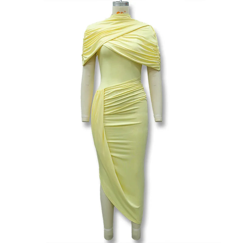 Elegant Women's Tight Curvy Midi Dress Sexy Backless Draped Bodycon Dresses Evening Party Wedding Guest Summer New Yellow White
