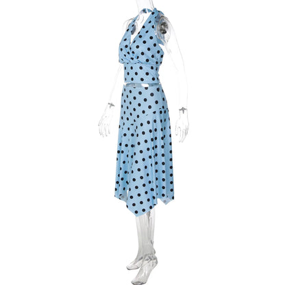 Blue Irregular Polka Dot Beach Sets Women's Halter Backless Crop Top Midi Skirt Matching Set Suit Summer Wear Holiday Vacation