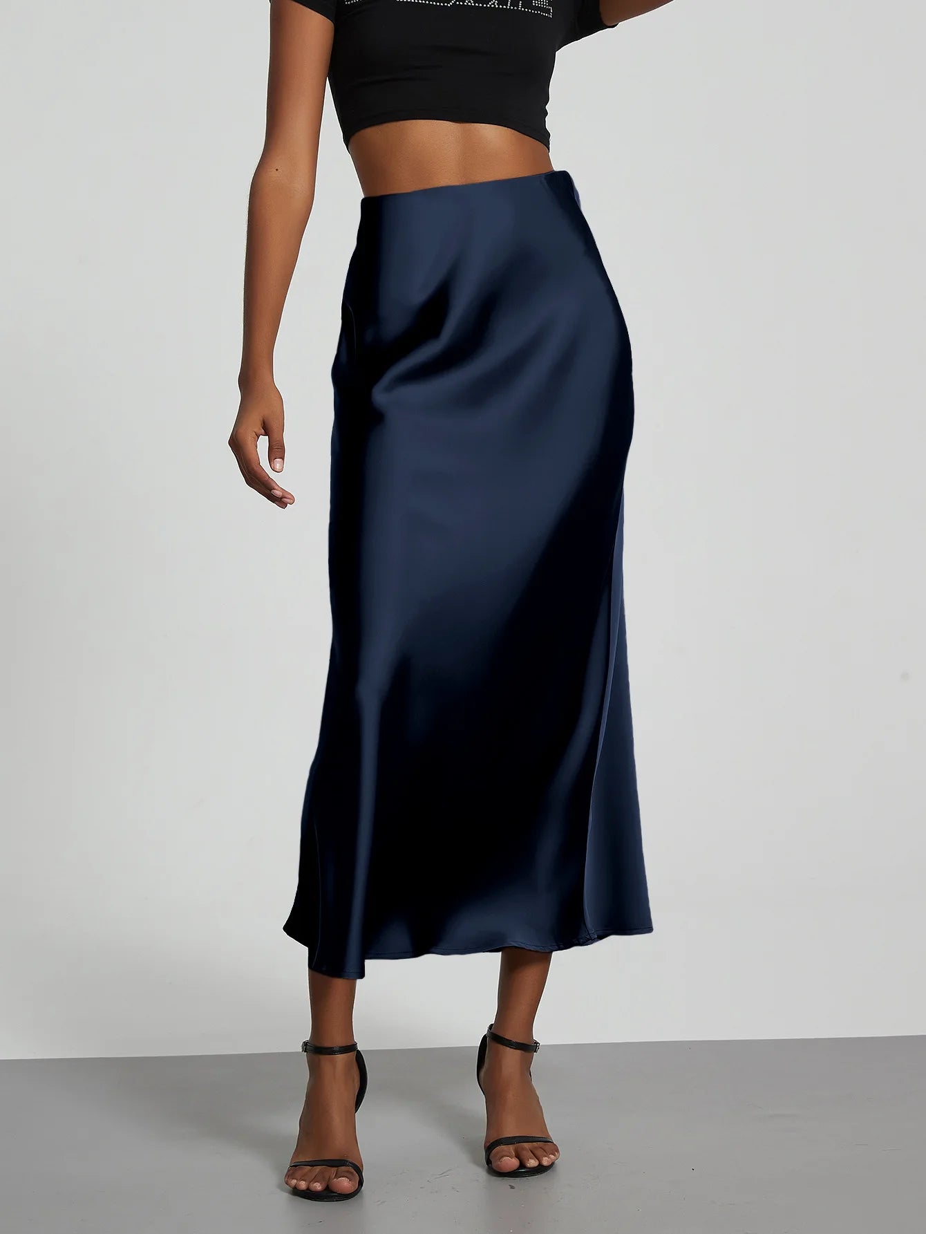 Satin Midi Skirt Women's High Waist Slik Skirts Female Clothing Black Fashion White Pink Blue Gray Burgundy Coffee Office Lady