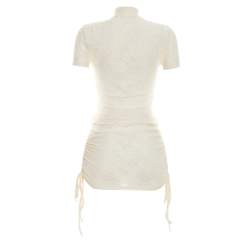 Lace Sheer Beach 2 Pieces Sets Cover Up Women's Crop Top Short Lace Up Skirt Matching Set Suit Summer Holiday Vacation Outfit