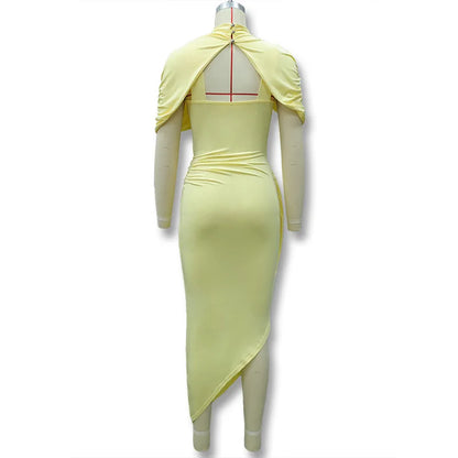 Elegant Women's Tight Curvy Midi Dress Sexy Backless Draped Bodycon Dresses Evening Party Wedding Guest Summer New Yellow White