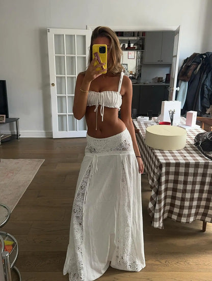 White Lace Beach 2 Pieces Sets Cover Up Women's Backless Crop Top Long Skirt Matching Set Suit Summer Holiday Vacation Outfit