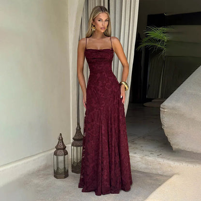 Jacquard Chiffon Long Dress Women's Backless Bandage Dresses Summer Evening Wedding Guest Green White Burgundy Pink Graduation