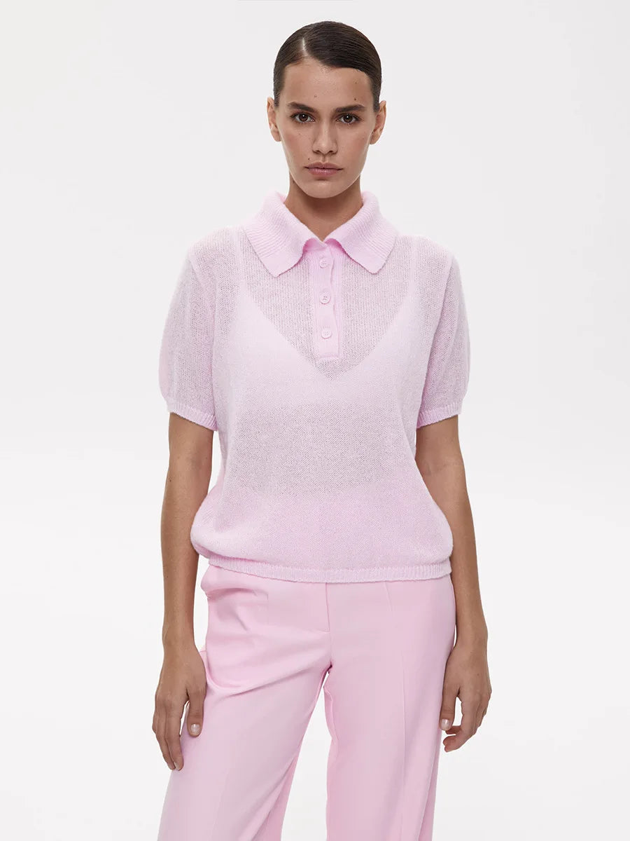 Summer Women's Polo Collar Knitted Short Sleeves Sweater Transparent T-shirt Female Simple 2025 Pink Yellow Gray Blue Red White